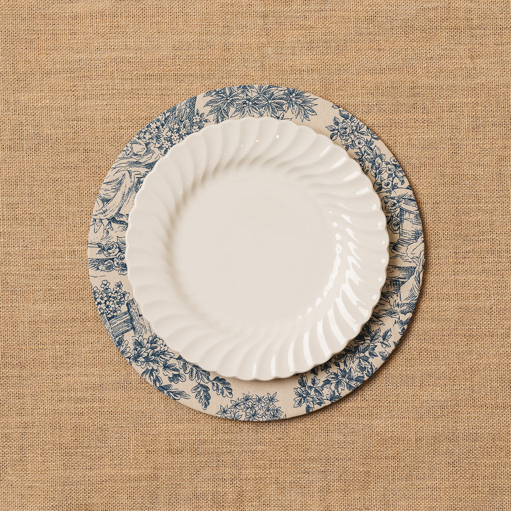 Funda bajo plato Toile de Jouy azul + Base de madera
