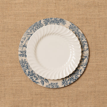 Funda bajo plato Toile de Jouy azul + Base de madera
