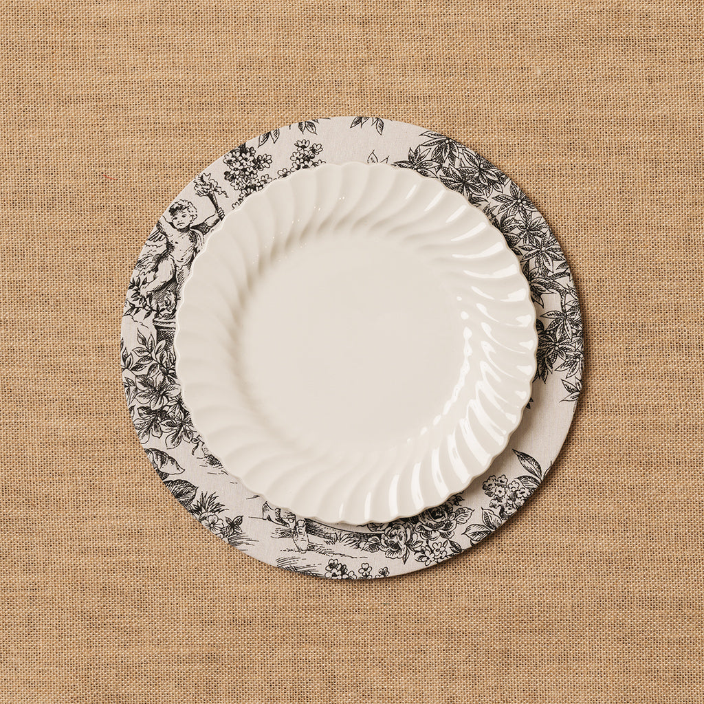 Funda bajo plato Toile de Jouy blanco-negro + Base de madera