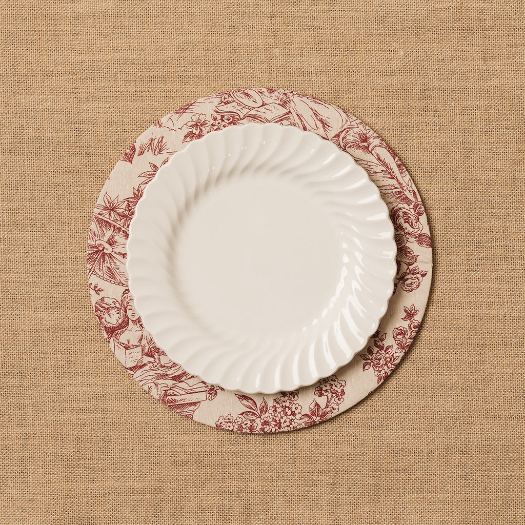 Funda bajo plato Toile de Jouy rojizo + Base de madera