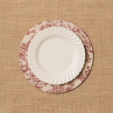 Funda bajo plato Toile de Jouy rojizo + Base de madera
