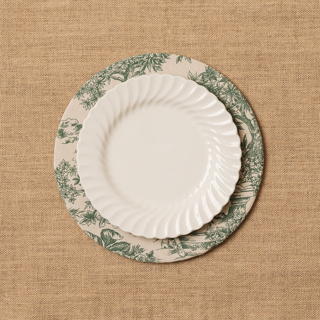 Funda bajo plato Toile de Jouy verde + Base de madera