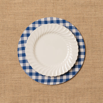 Funda bajo plato Vichy cuadro azulón + Base de madera