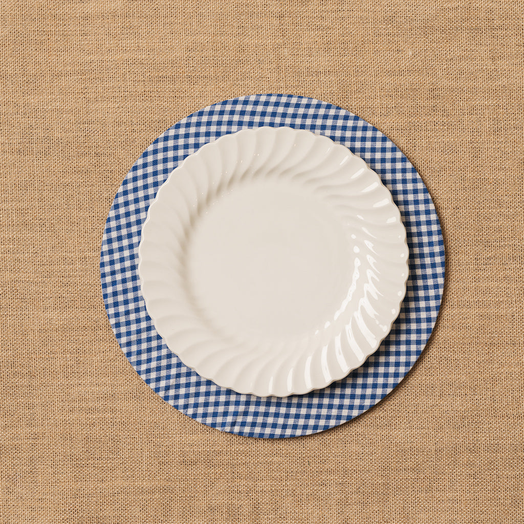 Funda bajo plato Vichy cuadro pequeño azulón + Base de madera