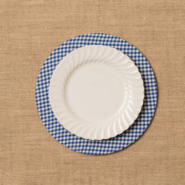 Funda bajo plato Vichy cuadro pequeño azulón + Base de madera