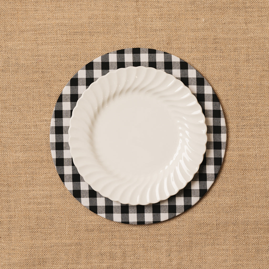 Funda bajo plato Vichy cuadro blanco-negro + Base de madera