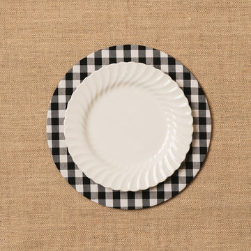 Funda bajo plato Vichy cuadro blanco-negro + Base de madera