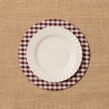 Funda bajo plato Vichy cuadro burdeos + Base de madera