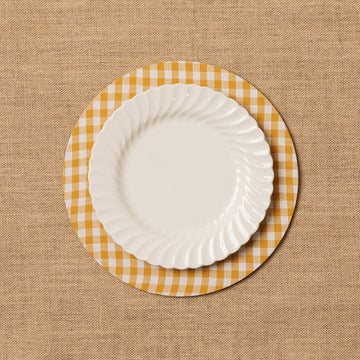 Funda bajo plato Vichy cuadro mostaza + Base de madera