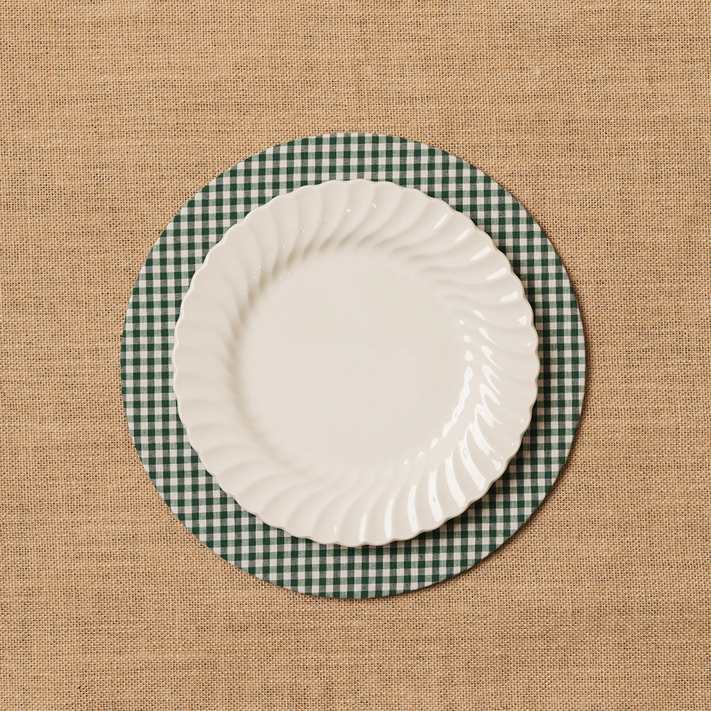 Funda bajo plato Vichy cuadro pequeño verde botella + Base de madera