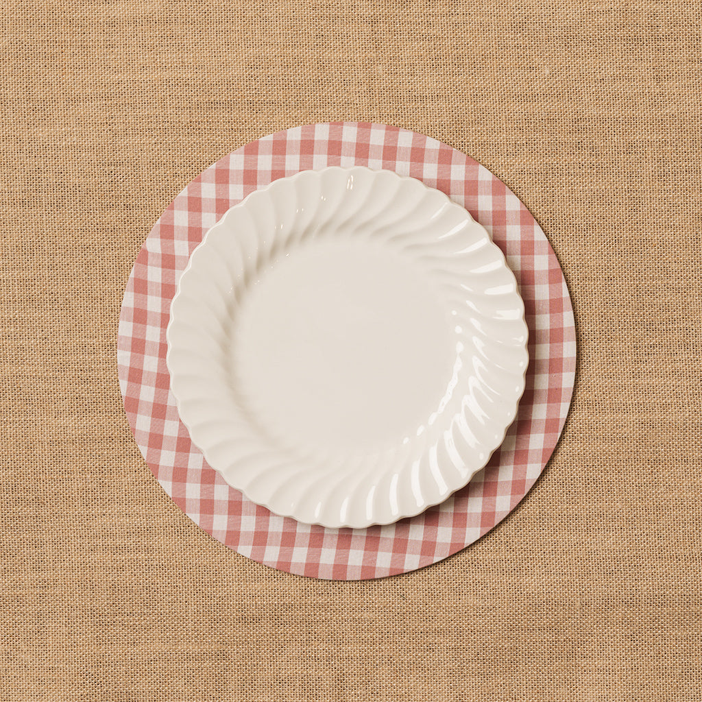 Funda bajo plato Vichy cuadro rosa + Base de madera