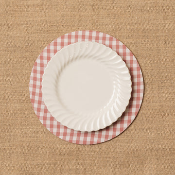 Funda bajo plato Vichy cuadro rosa + Base de madera