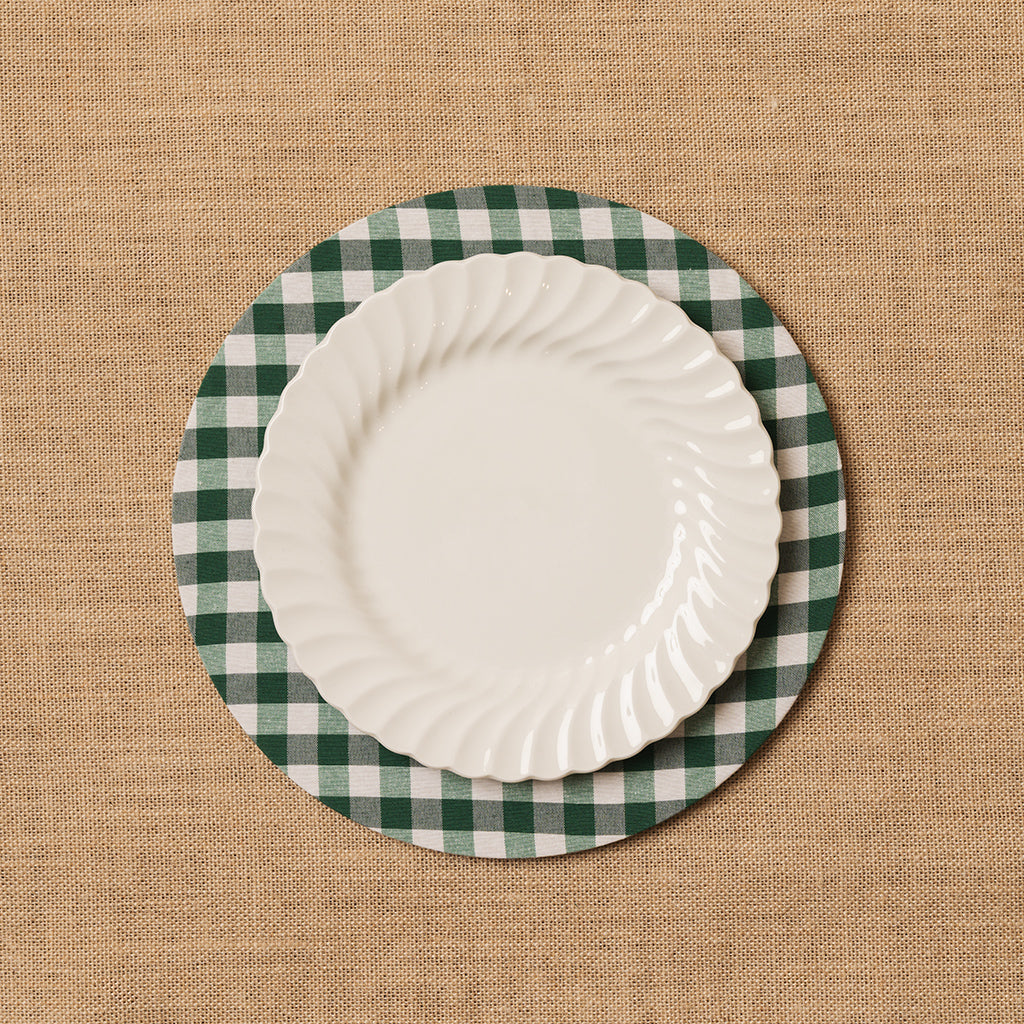 Funda bajo plato Vichy cuadro verde botella + Base de madera