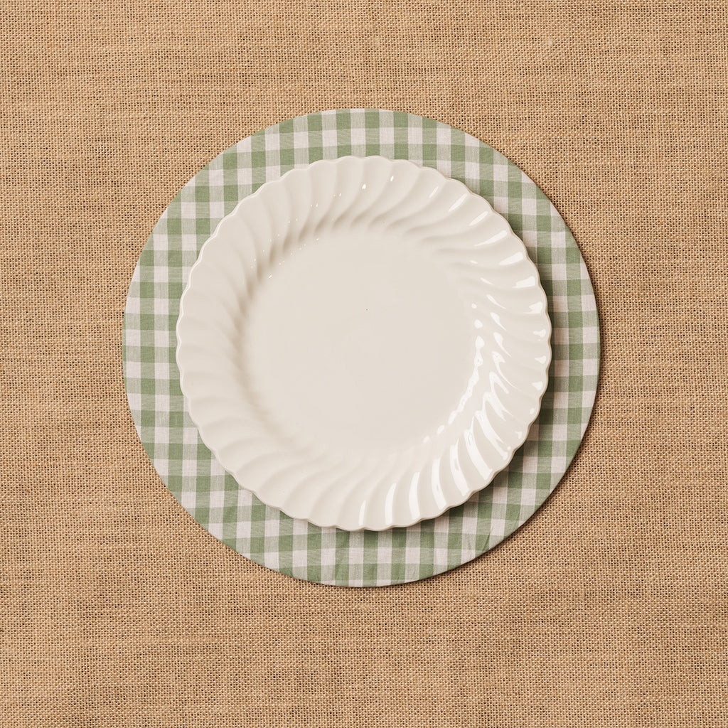 Funda bajo plato Vichy cuadro verde mar + Base de madera