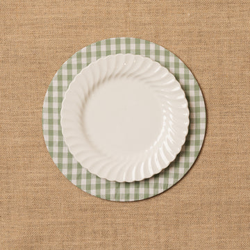 Funda bajo plato Vichy cuadro verde mar + Base de madera