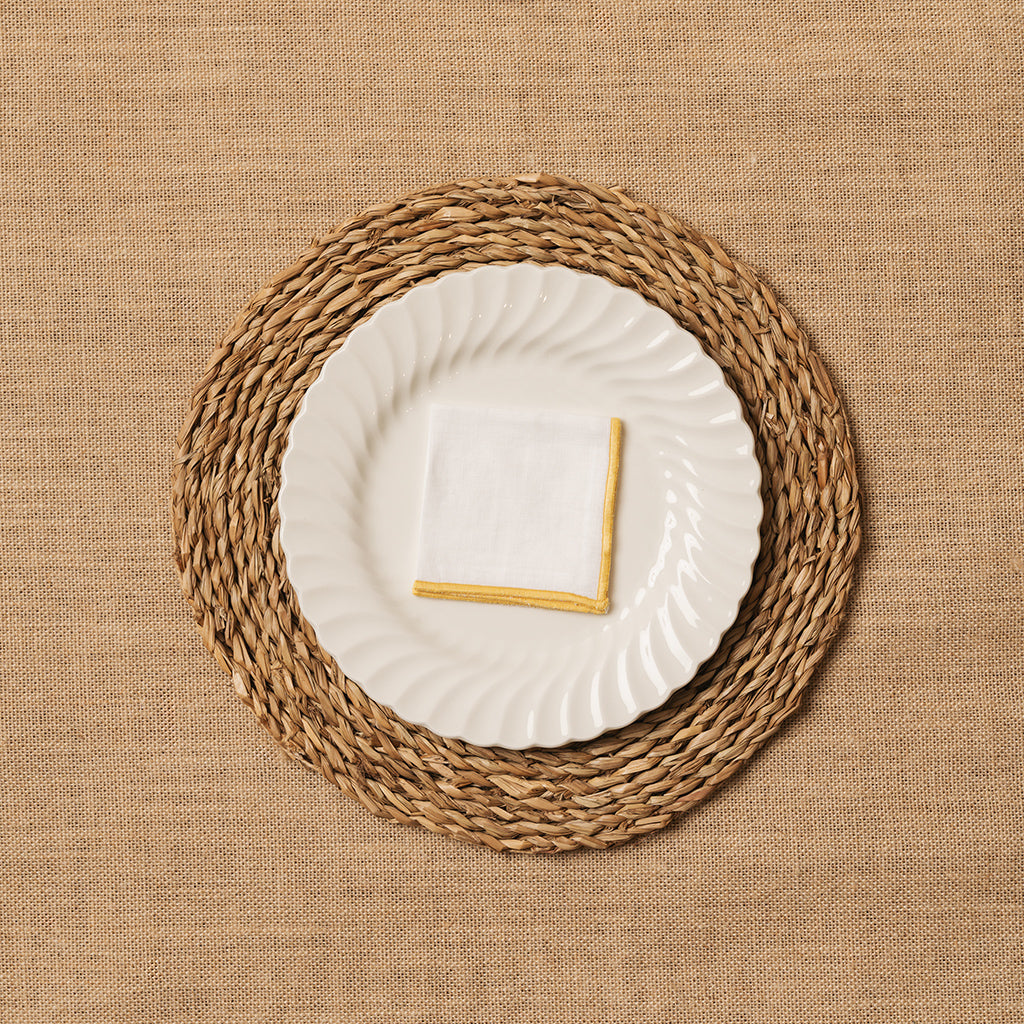 Servilleta de Cocktail Lino blanco Ribete Mostaza