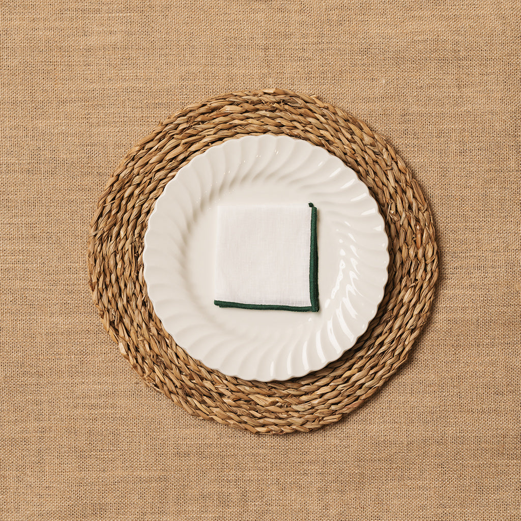 Servilleta de Cocktail Lino blanco Ribete Verde Bosque