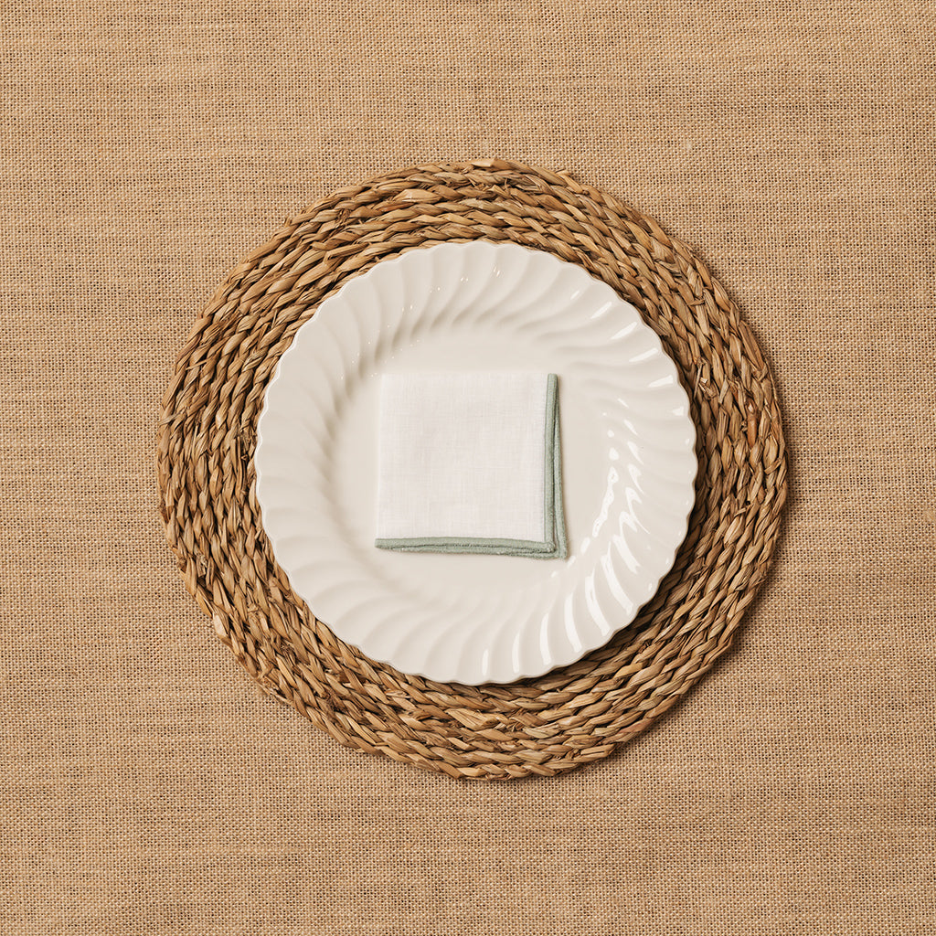 Servilleta de Cocktail Lino blanco Ribete Verde Mar